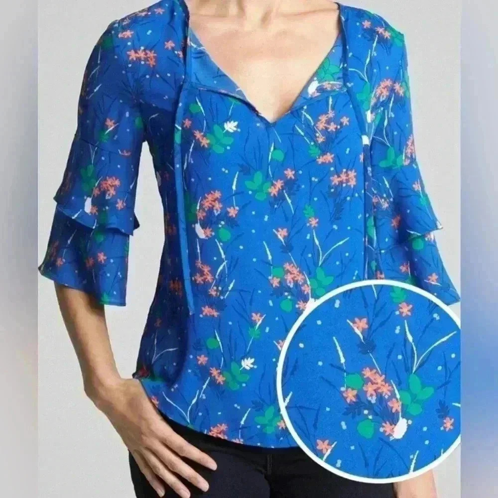 Gap Floral Ruffle Sleeve Top Blouse Blue & Pink Size Large